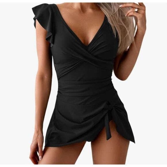 Other - NEW AIDONGER Black Ruffle V-Neck One Piece Swim Dress Size L NWT Swimsuit